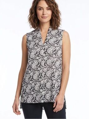 CLIENTELE Floral Sleeveless Top Shirt V Neck Babydoll Flowy Blouse Size Large
